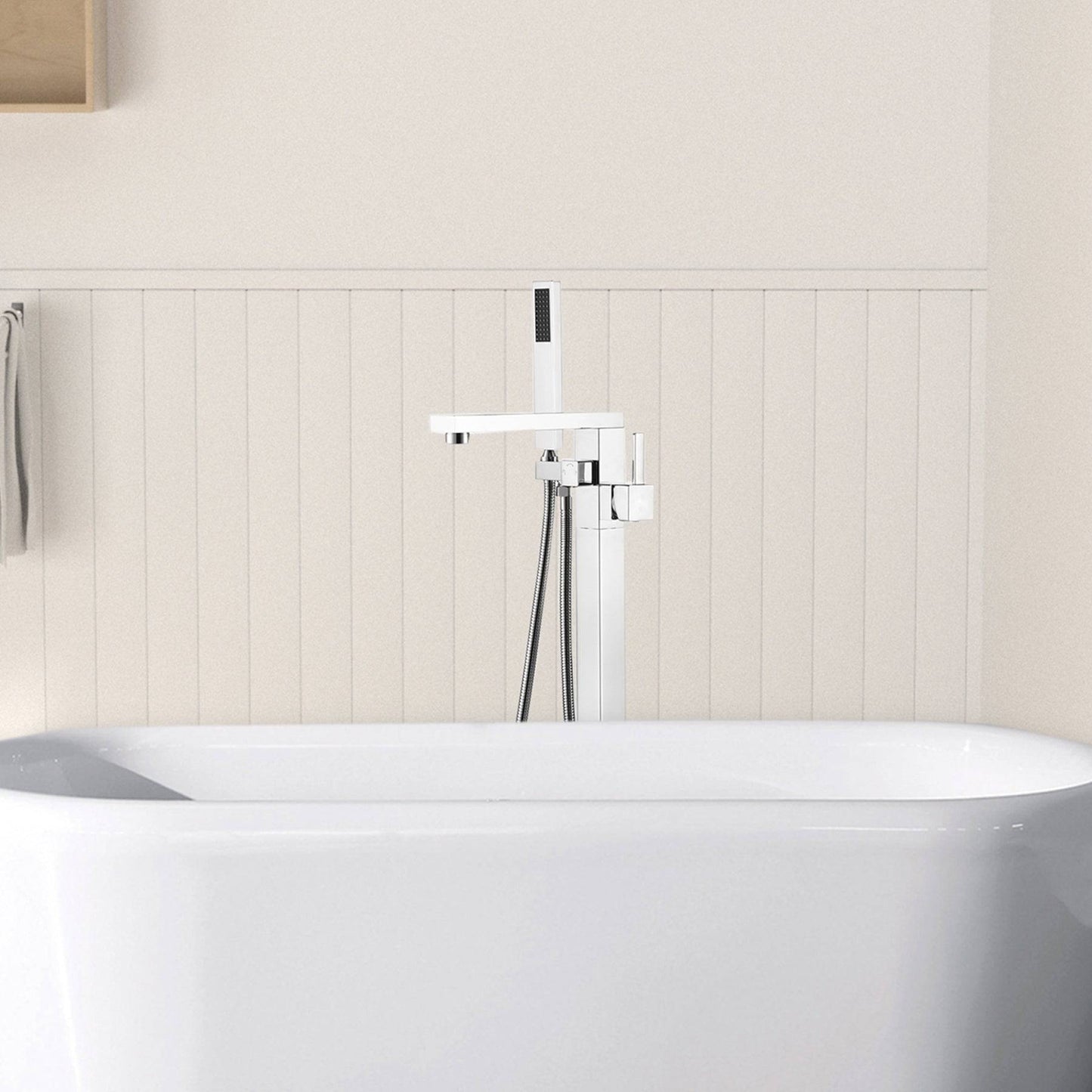 Venetio Single Handle Floor Mounted Freestanding Tub Filler Sliver Square Faucet With Hand Shower - Venetio