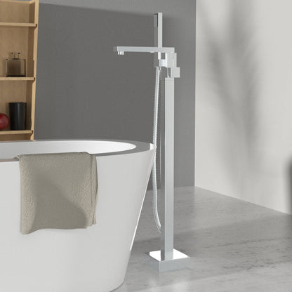 Venetio Single Handle Floor Mounted Freestanding Tub Filler Sliver Square Faucet With Hand Shower - Venetio