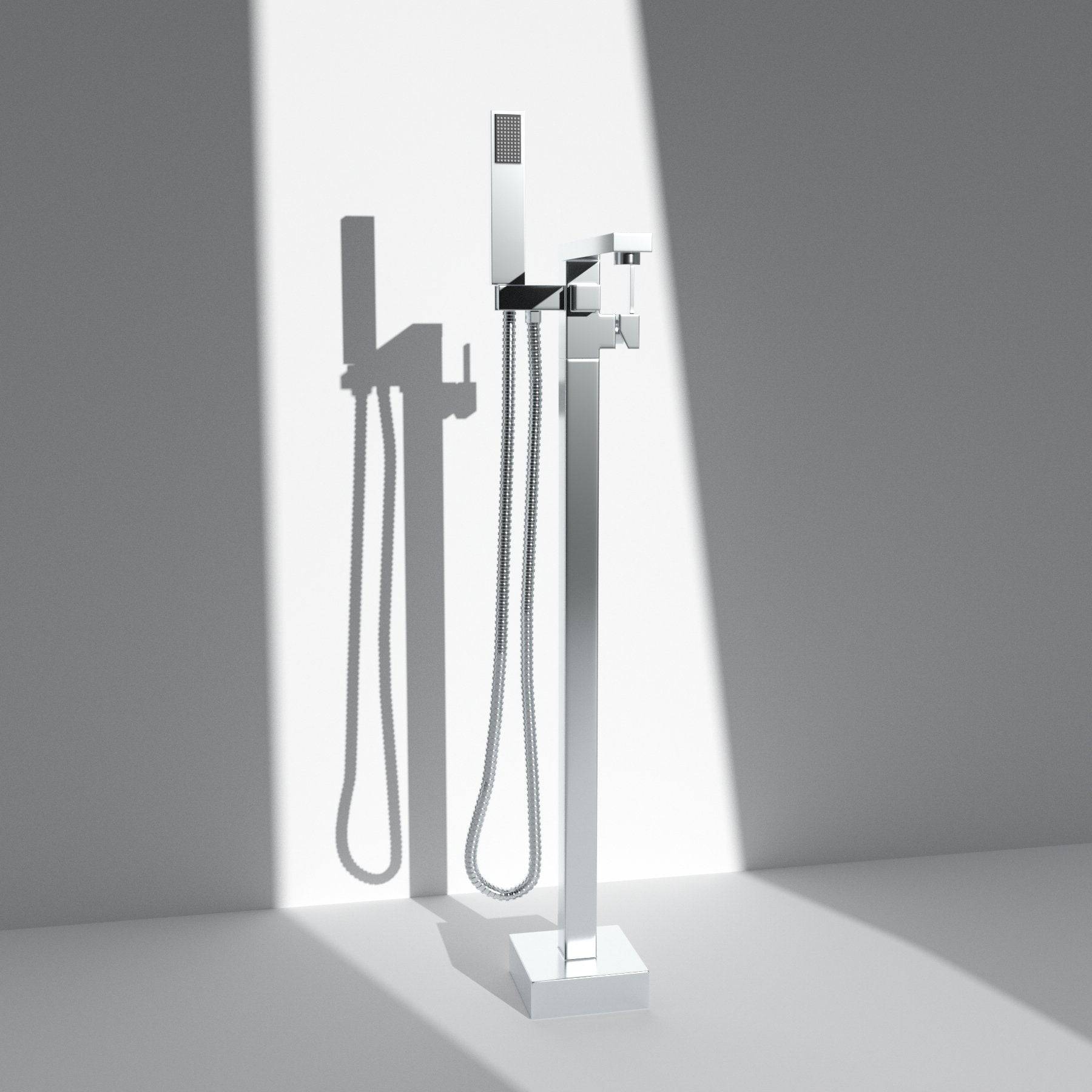 Venetio Single Handle Floor Mounted Freestanding Tub Filler Sliver Square Faucet With Hand Shower - Venetio