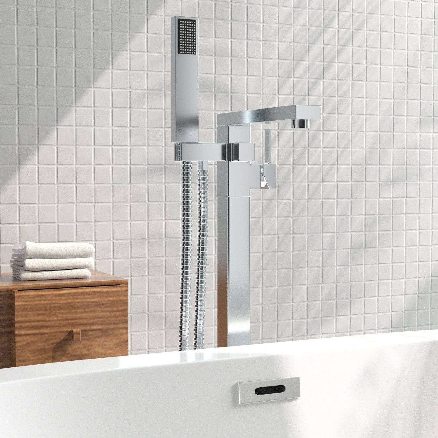 Venetio Single Handle Floor Mounted Freestanding Tub Filler Sliver Square Faucet With Hand Shower - Venetio