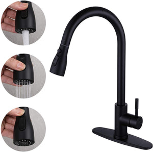 Matte Black Kitchen Faucet, Single Hole Faucets for Kitchen Sinks, Stainless Steel Kitchen Sink Faucets with Pull Down Sprayer - Venetio