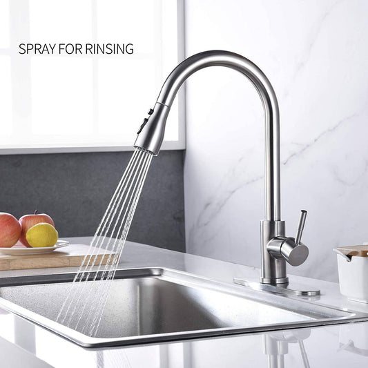 Stainless Steel Kitchen Faucets, High Arc Single Handle Pull out Brushed Nicke, Single Level with Pull down Sprayer - Venetio