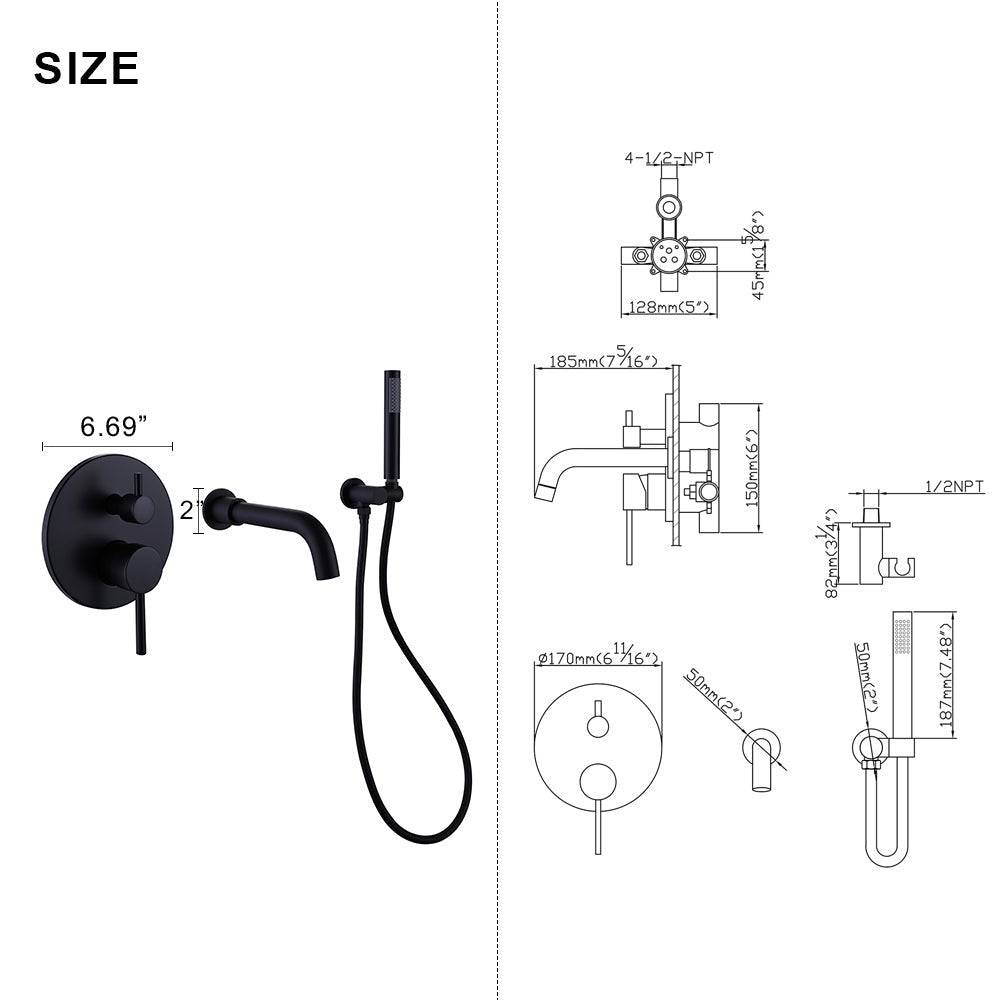 Venetio Double Handle Wall Mount Tub and Shower Faucet With Hand Shower In Black - Venetio