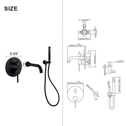 Venetio Double Handle Wall Mount Tub and Shower Faucet With Hand Shower In Black - Venetio